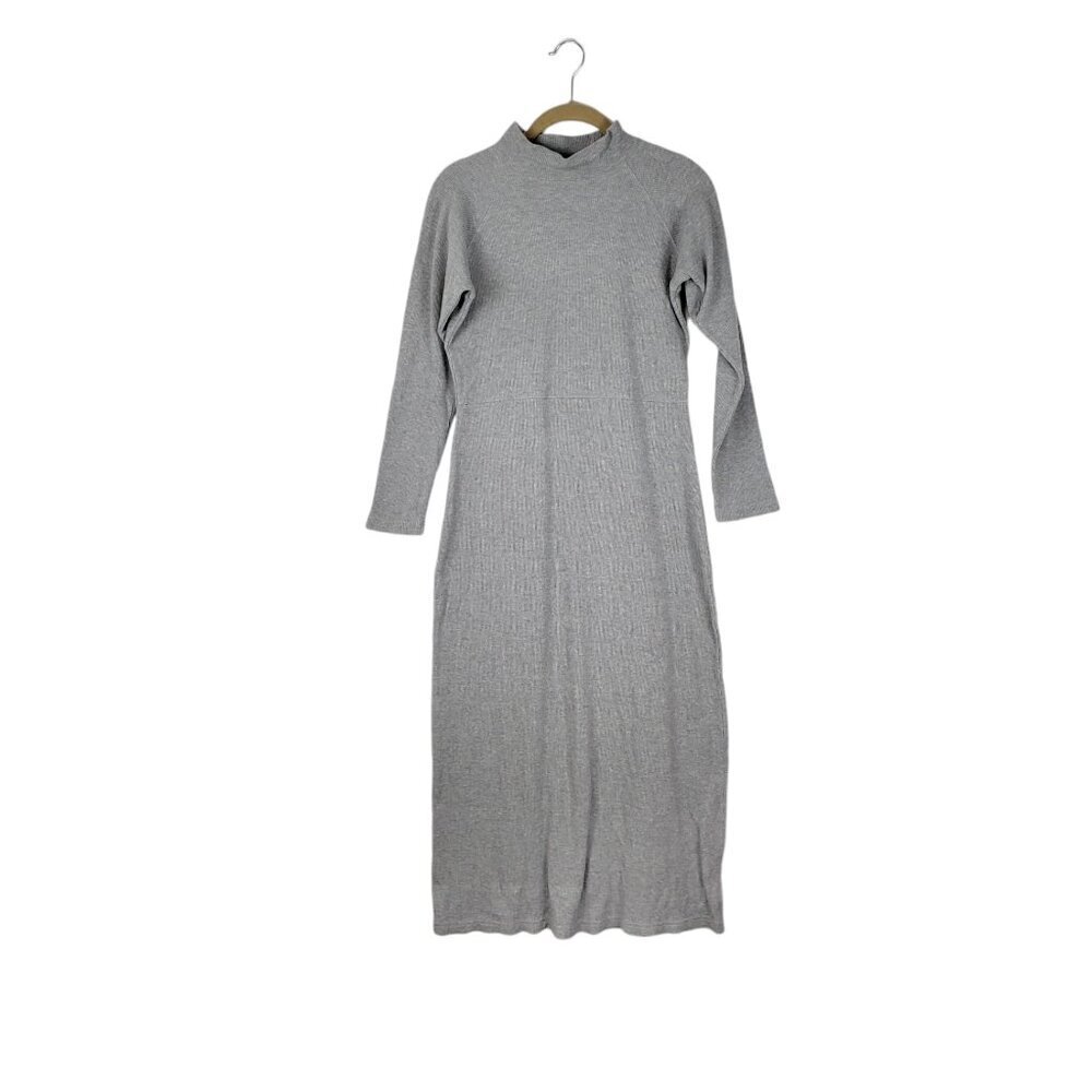 Moda Int'l Long Sleeve Midi Dress VTG Gray Waffle Mock Neck Womens Size Small